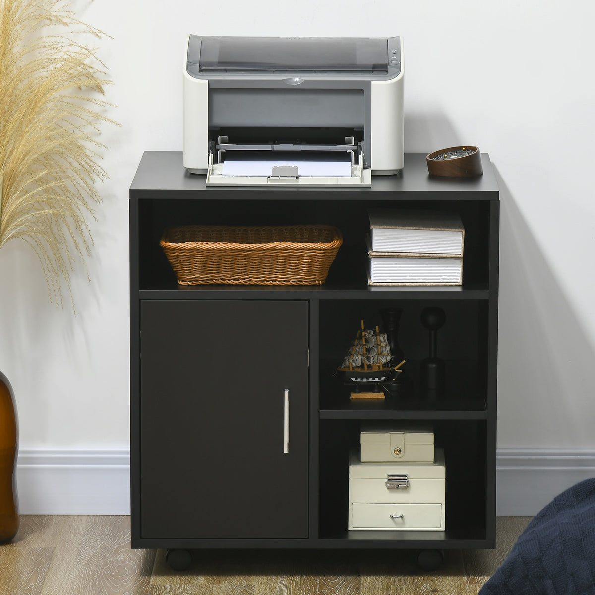 Support d'imprimante organiseur bureau caisson placard porte 3 niches + grand plateau panneaux particules noir