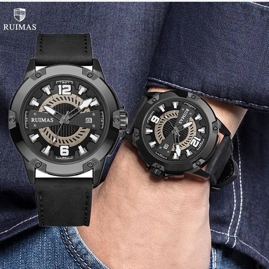 RUIMAS Luxury Men Watches Leather Strap Sport Casual Wristwatches Waterproof Luminous Date Clock Big Dial Montre Homme 302