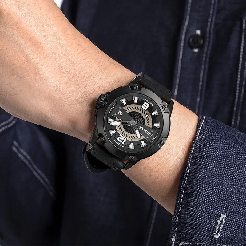 RUIMAS Luxury Men Watches Leather Strap Sport Casual Wristwatches Waterproof Luminous Date Clock Big Dial Montre Homme 302