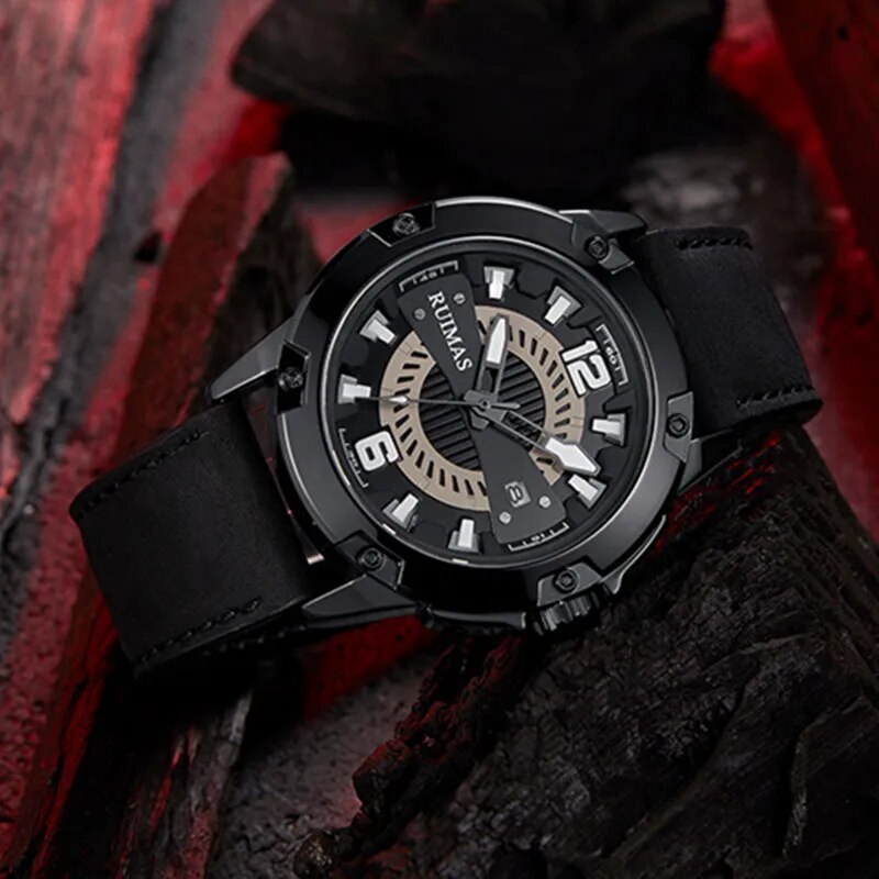 RUIMAS Luxury Men Watches Leather Strap Sport Casual Wristwatches Waterproof Luminous Date Clock Big Dial Montre Homme 302