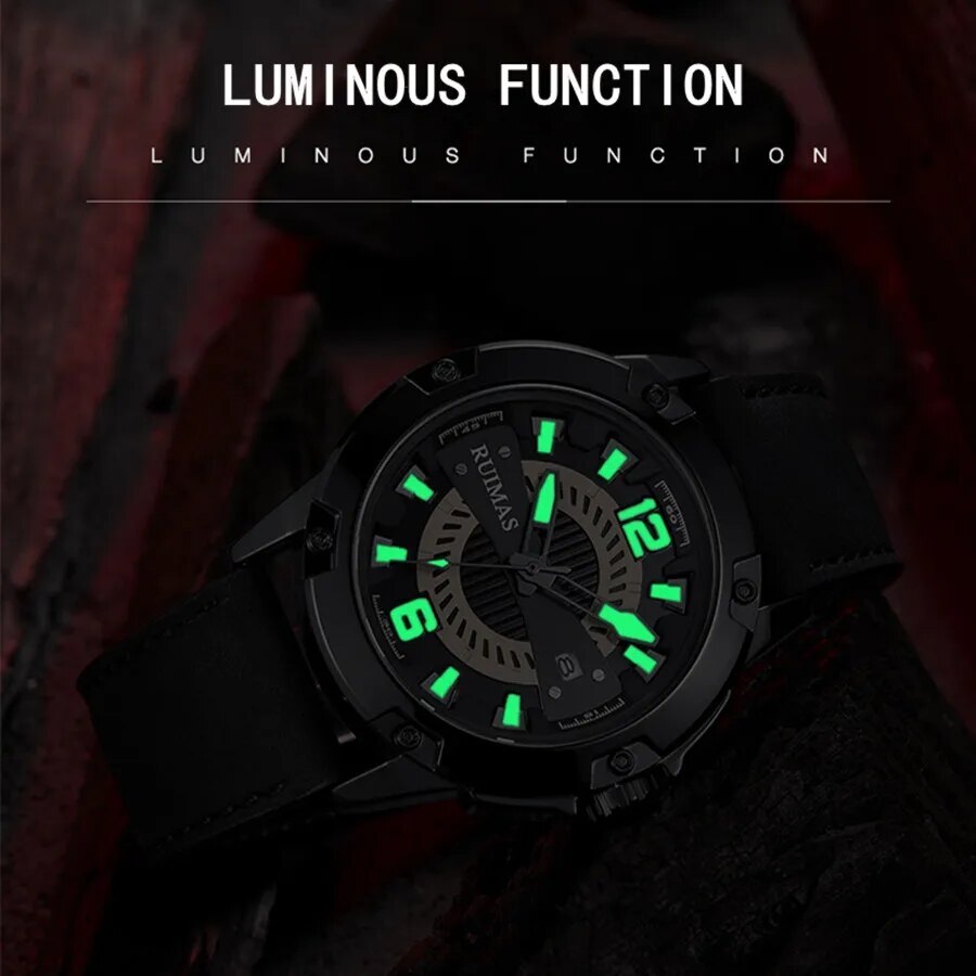 RUIMAS Luxury Men Watches Leather Strap Sport Casual Wristwatches Waterproof Luminous Date Clock Big Dial Montre Homme 302