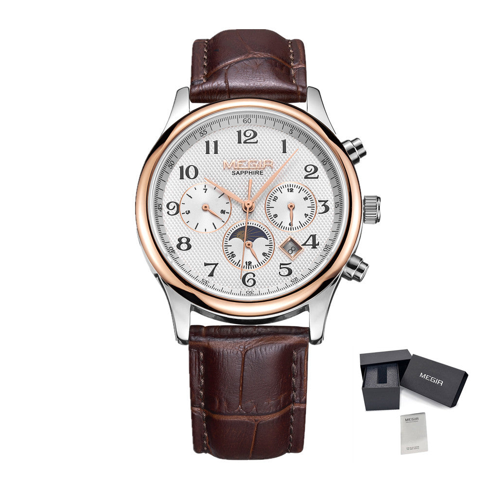 MEGIR Men Automatic Mechanical Watches Moon Phase Brown Leather Casual Business Wristwatch Sapphire Date Clock Montre Homme 62046
