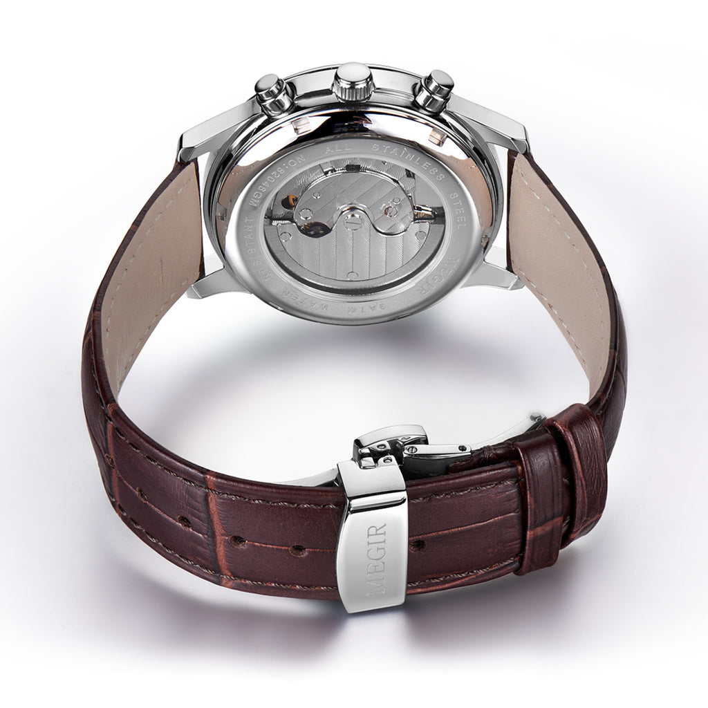 MEGIR Men Automatic Mechanical Watches Moon Phase Brown Leather Casual Business Wristwatch Sapphire Date Clock Montre Homme 62046