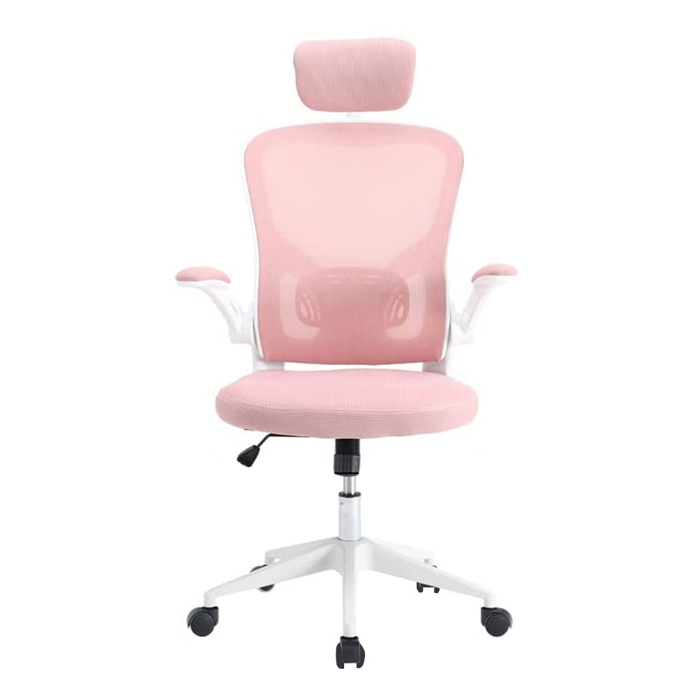Ergonomiczny fotel biurowy z podparciem lędźwiowym i zagłówkiem, różowy