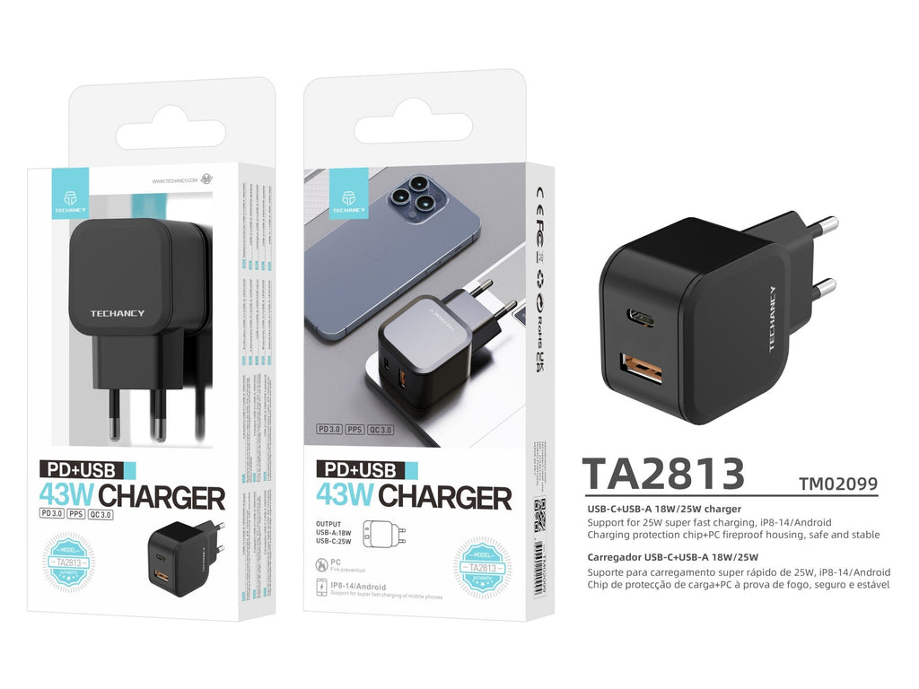 Techancy Carregador Rápido 43w Preto  TA2813, Porta Dupla Pd+Usb, Compatível Com Ip8-16 E Dispositivos Android