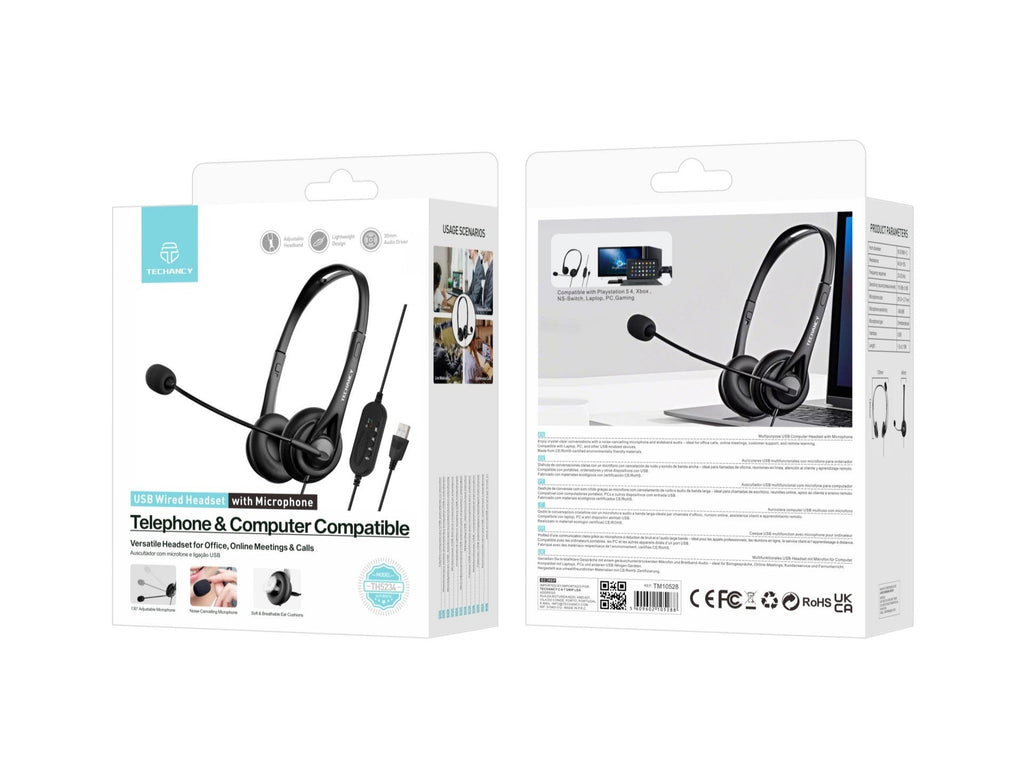 Techancy Auricular USB com Fio TH5234 com Microfone Cancelamento de Ruido para Call Center Escritorio Reunioes Online Compatibel PC Portatil