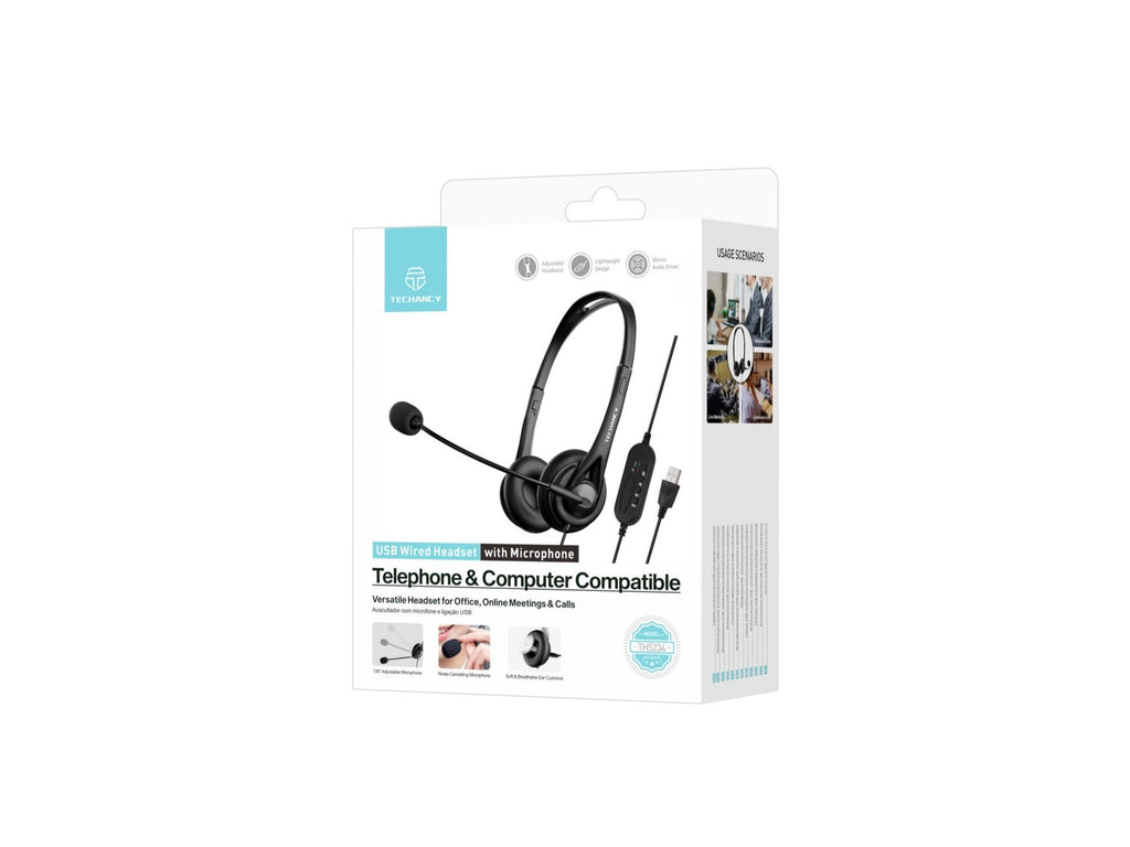 Techancy Auricular USB com Fio TH5234 com Microfone Cancelamento de Ruido para Call Center Escritorio Reunioes Online Compatibel PC Portatil