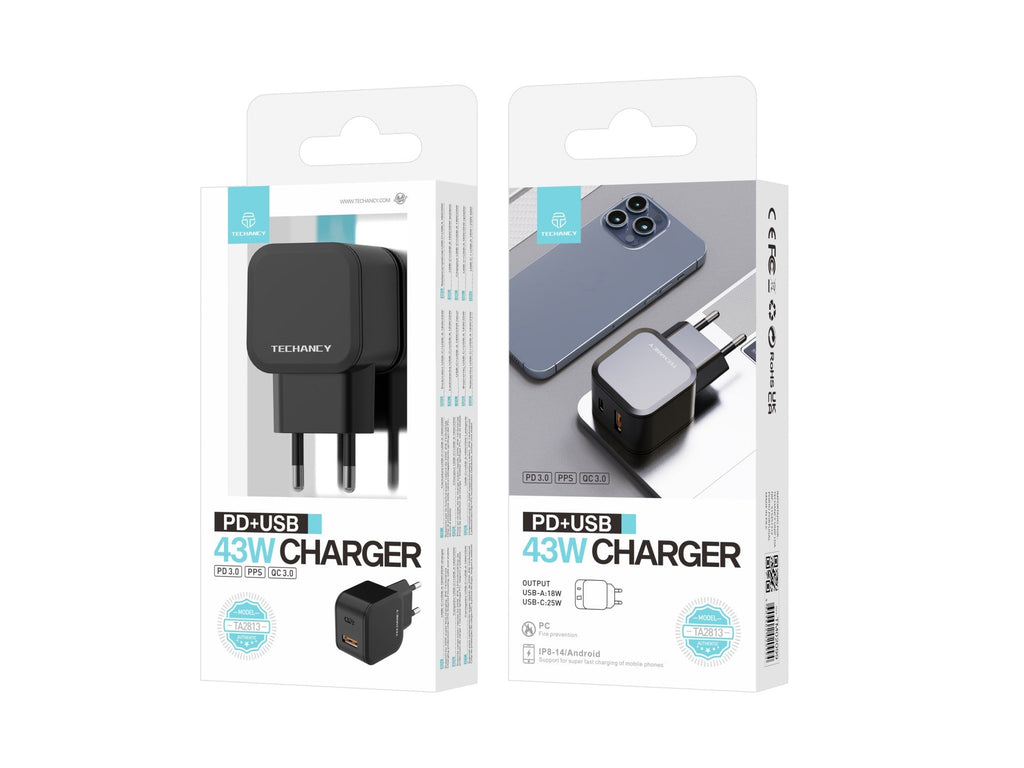 Techancy Carregador Rápido 43w Preto  TA2813, Porta Dupla Pd+Usb, Compatível Com Ip8-16 E Dispositivos Android