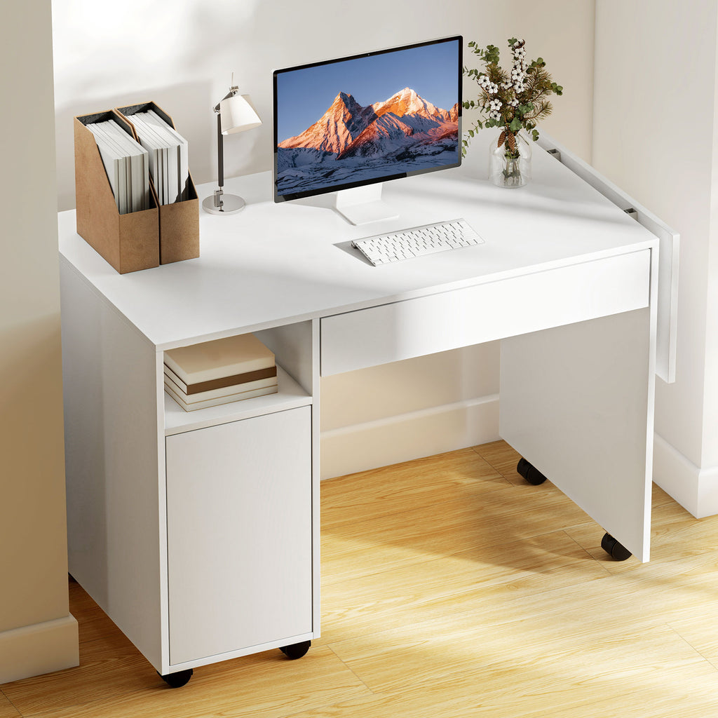 Bureau d'ordinateur sur roulettes, table informatique avec abattant, tiroir, placard et compartiment, 130 x 58 cm, blanc